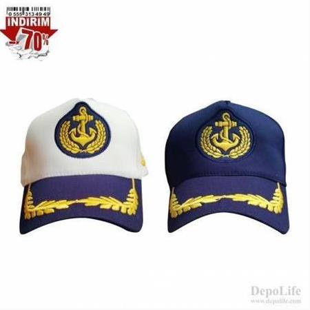 Depolife Denizci Kaptan Şapkası Çapalı Dümenli İşleme Desen Baş Ayarlı Beyaz Lacivert