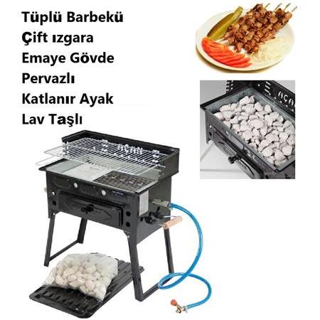 Barbekü Katlanır Ayaklı Tüplü Mangal Emaye gövdeli Çift Izgara Lav taşlı 30x48cm