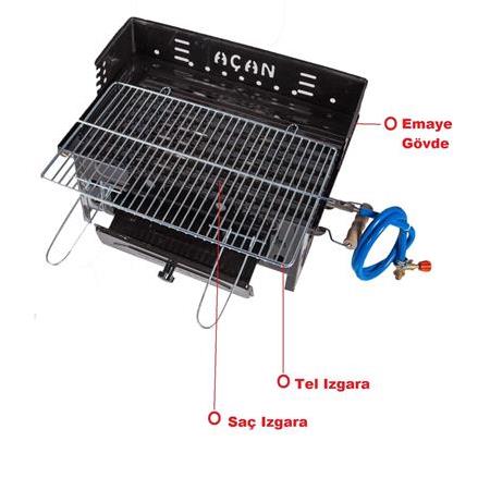 Barbekü Katlanır Ayaklı Tüplü Mangal Emaye gövdeli Çift Izgara Lav taşlı 30x48cm