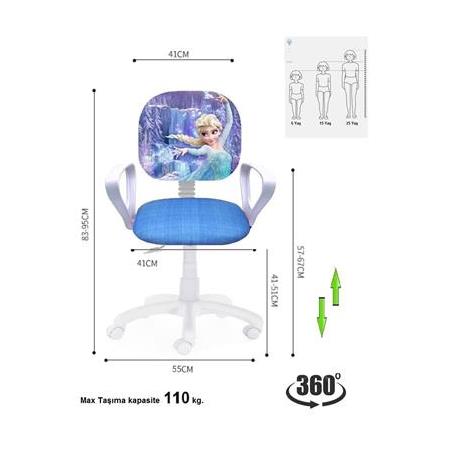 Çocuk Odası Ders Çalışma Ofis Koltuğu Öğrenci Sandalyesi Frozen Desen Beyaz Tekerlekli Yüksek ayarlı