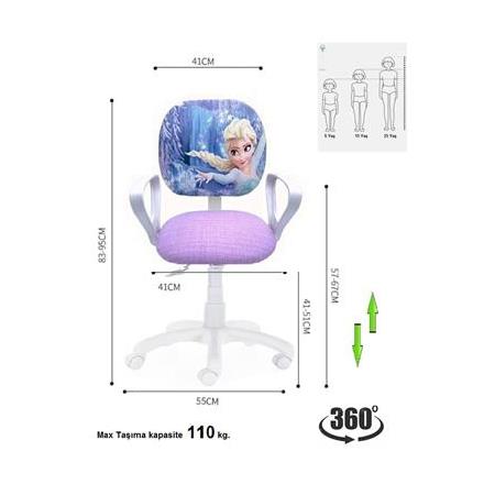 Çocuk Odası Ders Çalışma Ofis Koltuğu Öğrenci Sandalyesi Frozen Desen Beyaz Tekerlekli Yüksek ayarlı